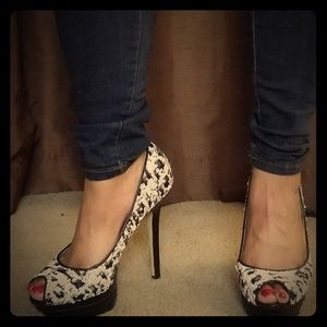 Black and White Sequin Peep Toe Pumps